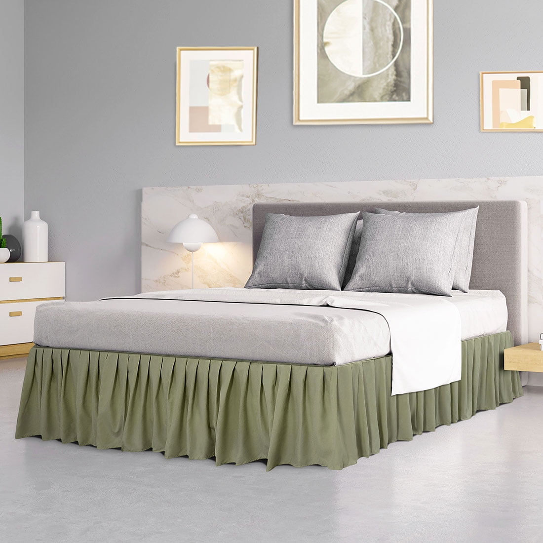 PiccoCasa Ruffled Brushed Bed Skirts Polyester Platform 16" Drop Queen Olive Green