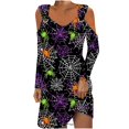 thumbnail image 2 of WXLWZYWL Ladies Evening Dresses Casual Halloween Printed Dress Long Sleeve Strapless Dress Fashion Round Neck Suspender Off Shoulder Dress, 2 of 5