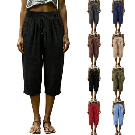 Dzrciro Linen Pants Women, Plus Size Drawstring Elastic Waist Baggy Capri Pants with Side Pockets, Casual Soft Holiday Beach Pants S‑3XL