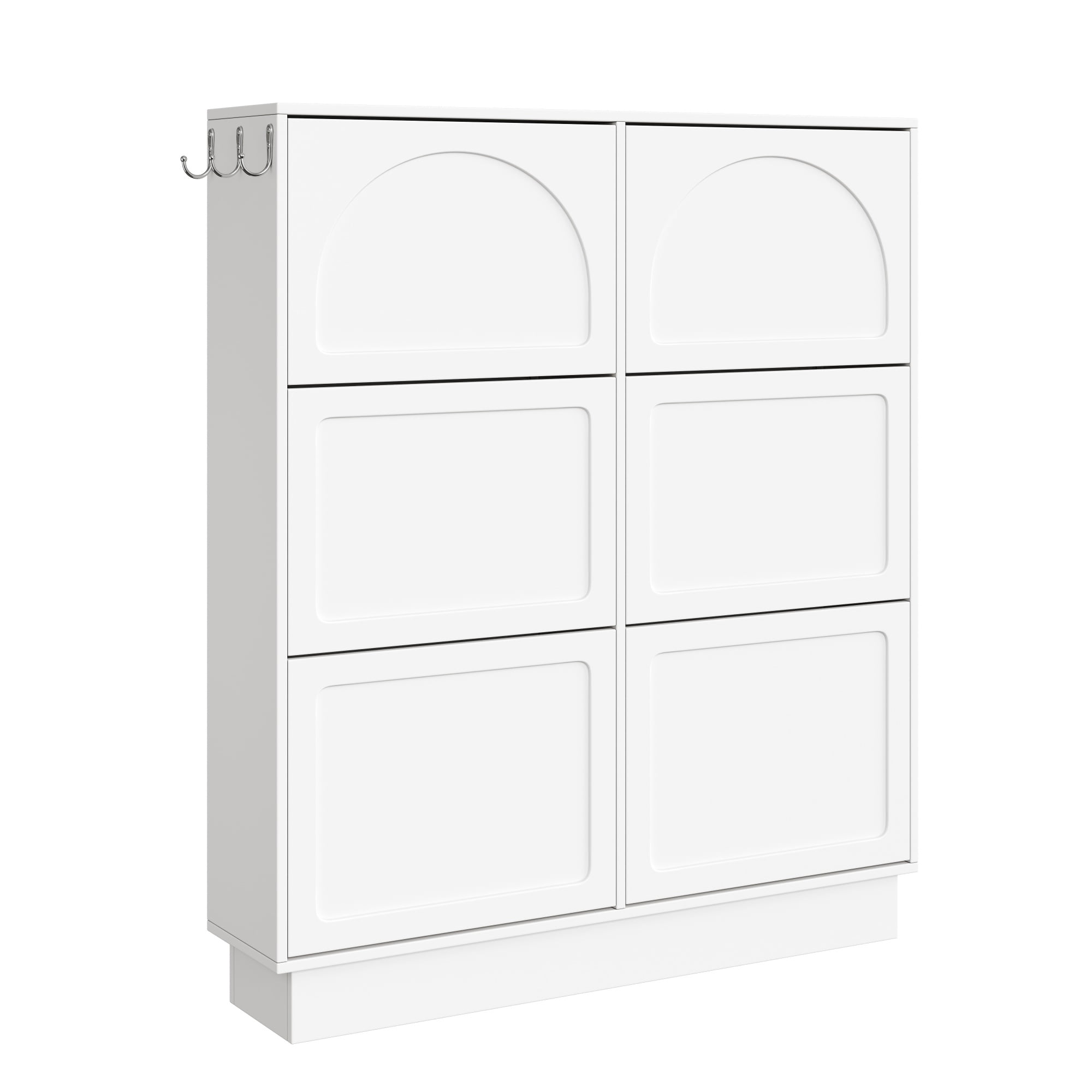 Euroco Elegant Narrow Tipping Bucket Shoe Cabinet with 6 Flip Drawers, Space Saving Design, Cream Style Entryway Organizer with Adjustable Shelf, Free-Standing Shoe Rack with 3 Silvery Hooks, White