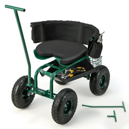 Costway Rolling Garden Cart Outdoor Gardening Workseat with Adjustable Height &Tool Storage Green