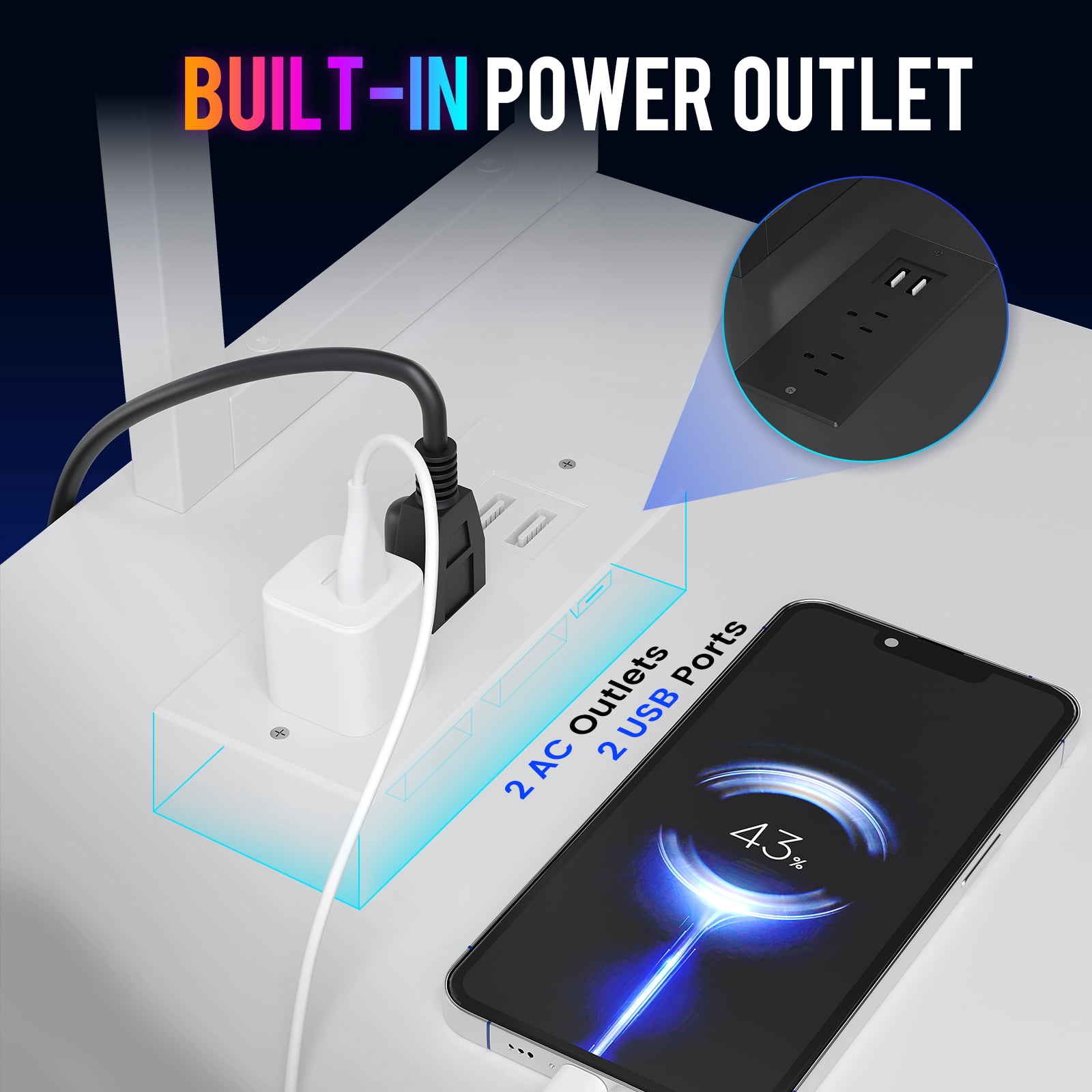 CLOUDREST PTO 53" L-Shaped Gaming Desk, Power Outlets & RGB LEDs, White