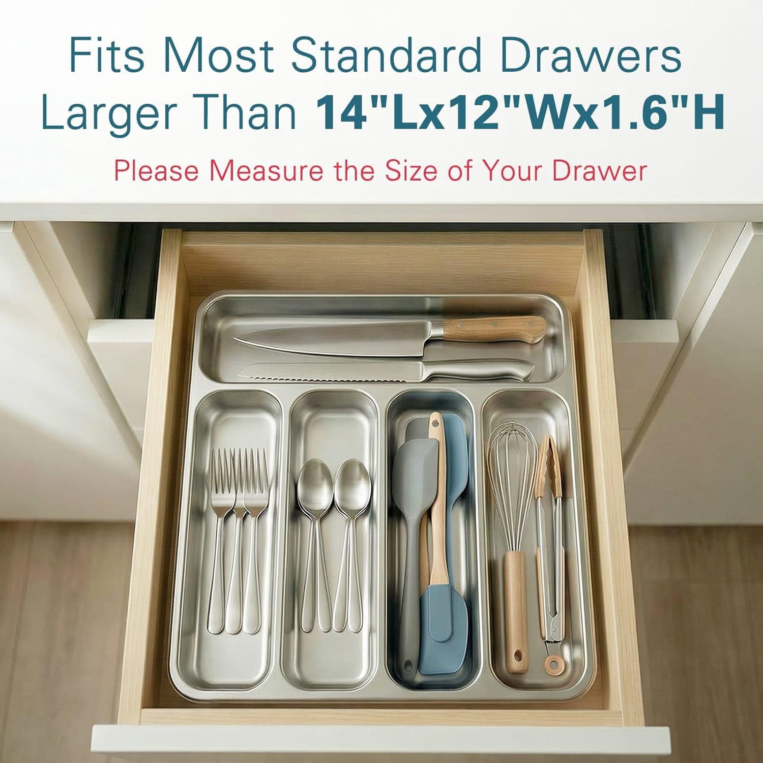 Stainless Steel , Durable Metal Utensil Drawer Organizer with 5 Compartments, Silverware Tray for Drawer, Dishwasher Safe, 13.8" x 11.4" x 1.6", Silver