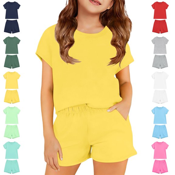 Bigetiay Girls 2 Piece Outfits Fashion Athletic Performance Crew Neck T-Shirt and Shorts Set Girls Clothes 11-12 Years