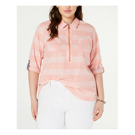 TOMMY HILFIGER $79 Womens New Pink Plaid Collared 3/4 Sleeve Top 0X Plus B+B