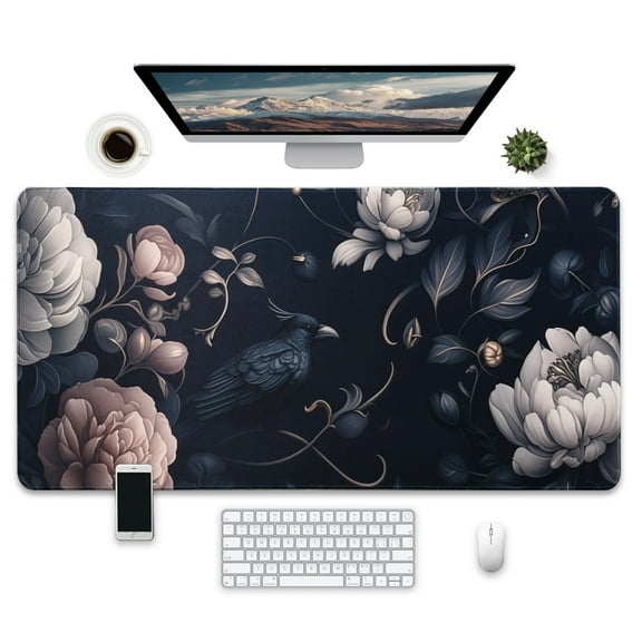 Vintage Floral, Raven Pattern Mouse Pad, Dark Blue