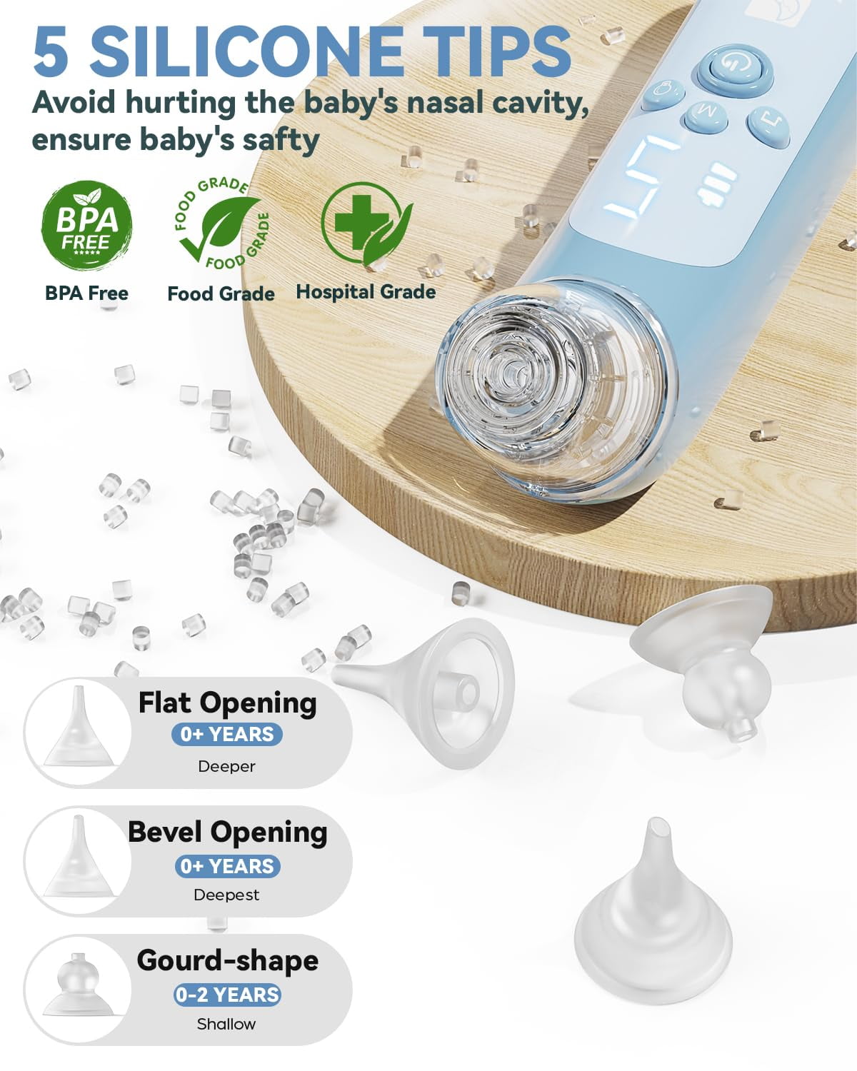 Electric Nasal Aspirator for Baby - 5 Adjustable Suction Levels, USB-C Rechargeable Nose Sucker with 3 Silicone Tips, LED Light & Soothing Music, Baby Mucus Cleaner for Newborns & Toddlers