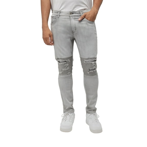 RAW X Men's Skinny Fit Biker Jean, Comfy Flex Stretch Moto Wash Rip Distressed Denim Jeans Pants, Grey - 91281, 38W X 32L