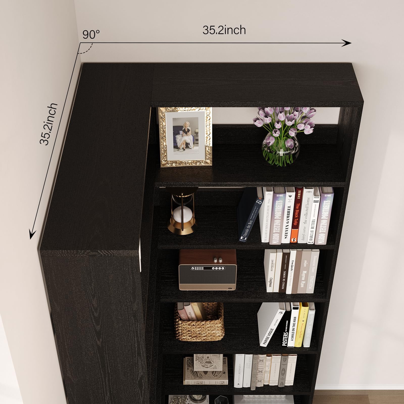 DreamCurship 71” Tall Corner Bookshelf, 6 Tier L-Shaped Large Display Bookcase with LED Light, Industrial Corner Etagere Bookcase Storage Display Rack for Living Room Home Office, Rustic Brown, Black