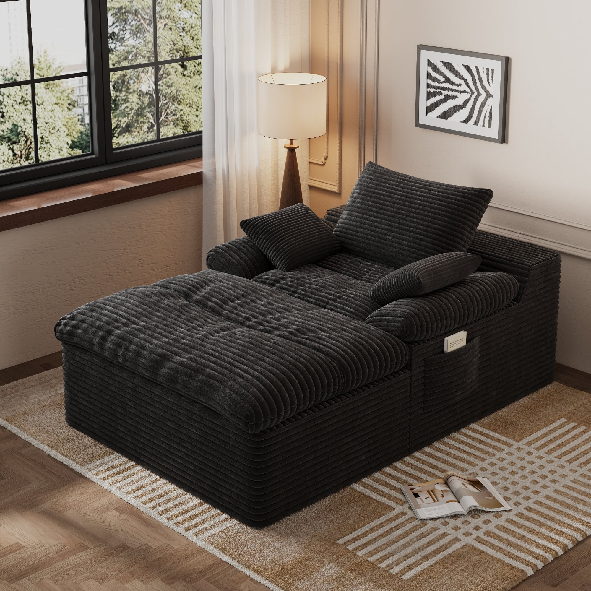HOQBN 65" Chaise Lounge Chair Indoor,Oversized Boneless Sofa Bed with 3 Pillows,Cloud Reading Chair for Living Room Bedroom, Deep Seat Sleeper Couch, No Assembly Required,Black