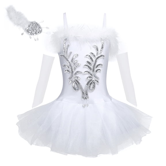 JanJean Girls Ballet Dance Outfit Faux Fur Sequins Swan Tutu Dress with Fingerless Gloves Hair Clip White 10