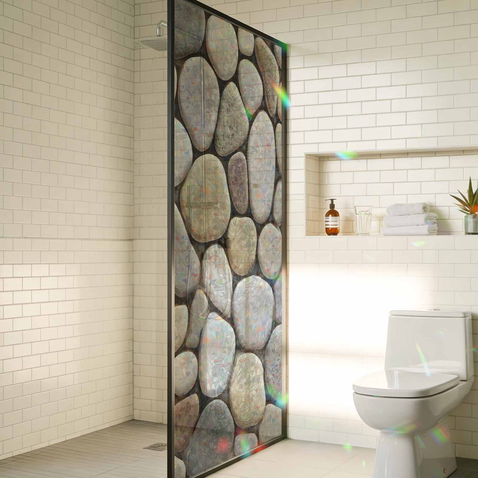 Cobblestones Window Privacy Film Stain Glass,Reusable Decorative Rainbow Window Film,Natural Stones Gravel Rock Aesthetic Art Static Cling Sun Blocking Stickers Decals Covers 23.6" x 78.7" (2pcs)