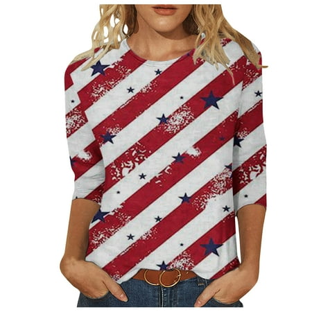 

kakina CMSX Graphic Shirts for Women Fashion 3/4 Sleeve Retro Crewneck Independence Printed Loose Tops Blouse Ladies Summer Tops White L