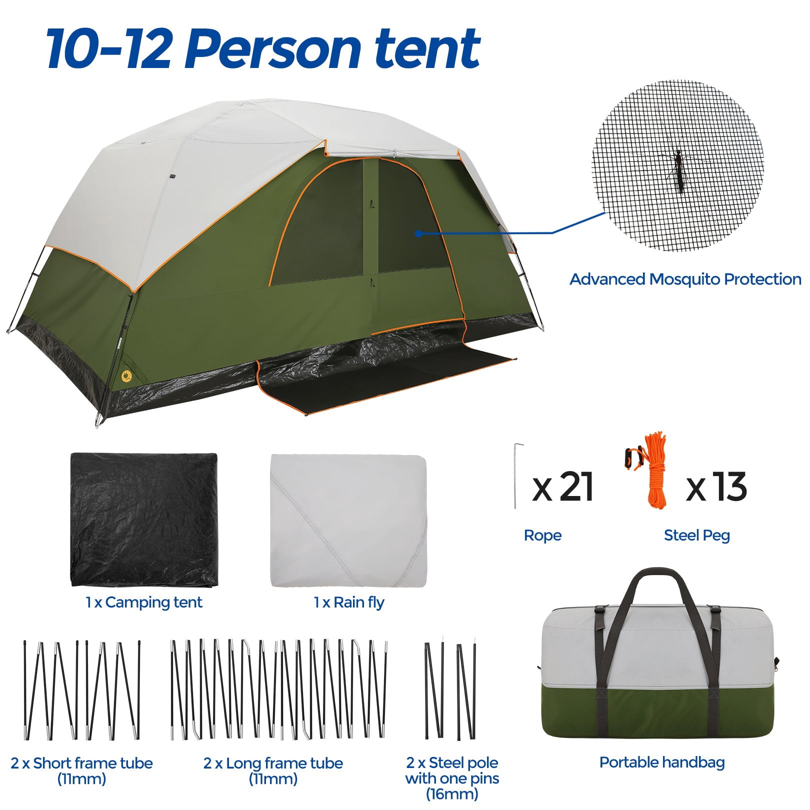COBIZI 6-8-10 Person Camping Tent,Large Family Cabin Tent with Removable Rainfly,Mesh Roof for Stargazing,84" Tall Center,Waterproof Design,Carry Bag,Green