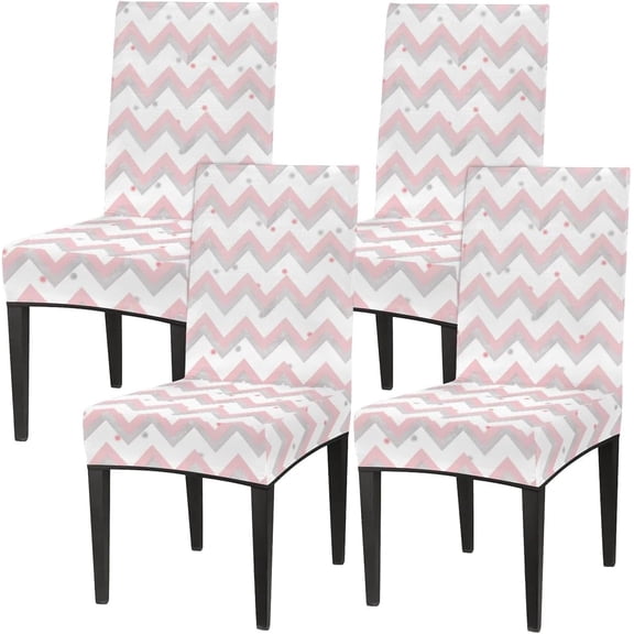 Geometric Stripes Pink Gray Chair Covers for Dining Room Set of 4, Washable Spandex Parsons Slipcovers, Removable Kitchen Chair Cover, Stretch Seat Protector for Home Party Hotel