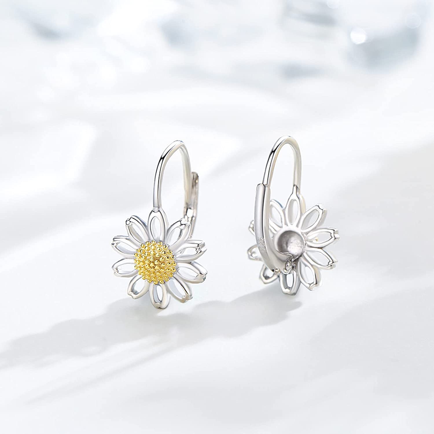 Coachuhhar Daisy Earrings S925 Sterling Silver Sunflower Leverback Earrings Daisy Jewelry Gifts for Women