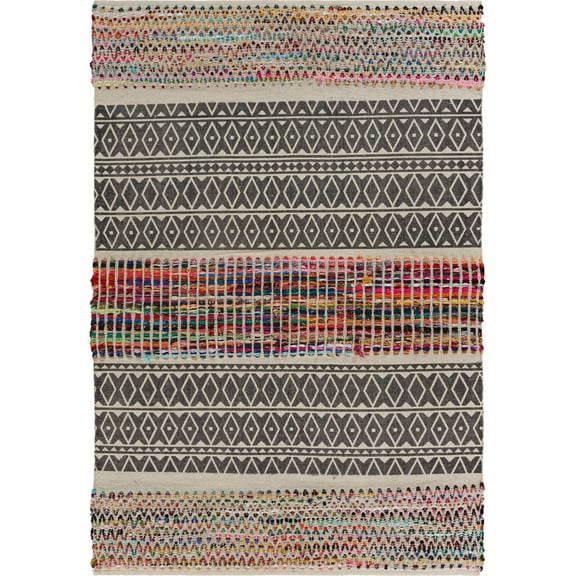 Laddha Home Designs 5' x 7' Gray and Red Geometric Chindi Handmade Rectangular Area Throw Rug