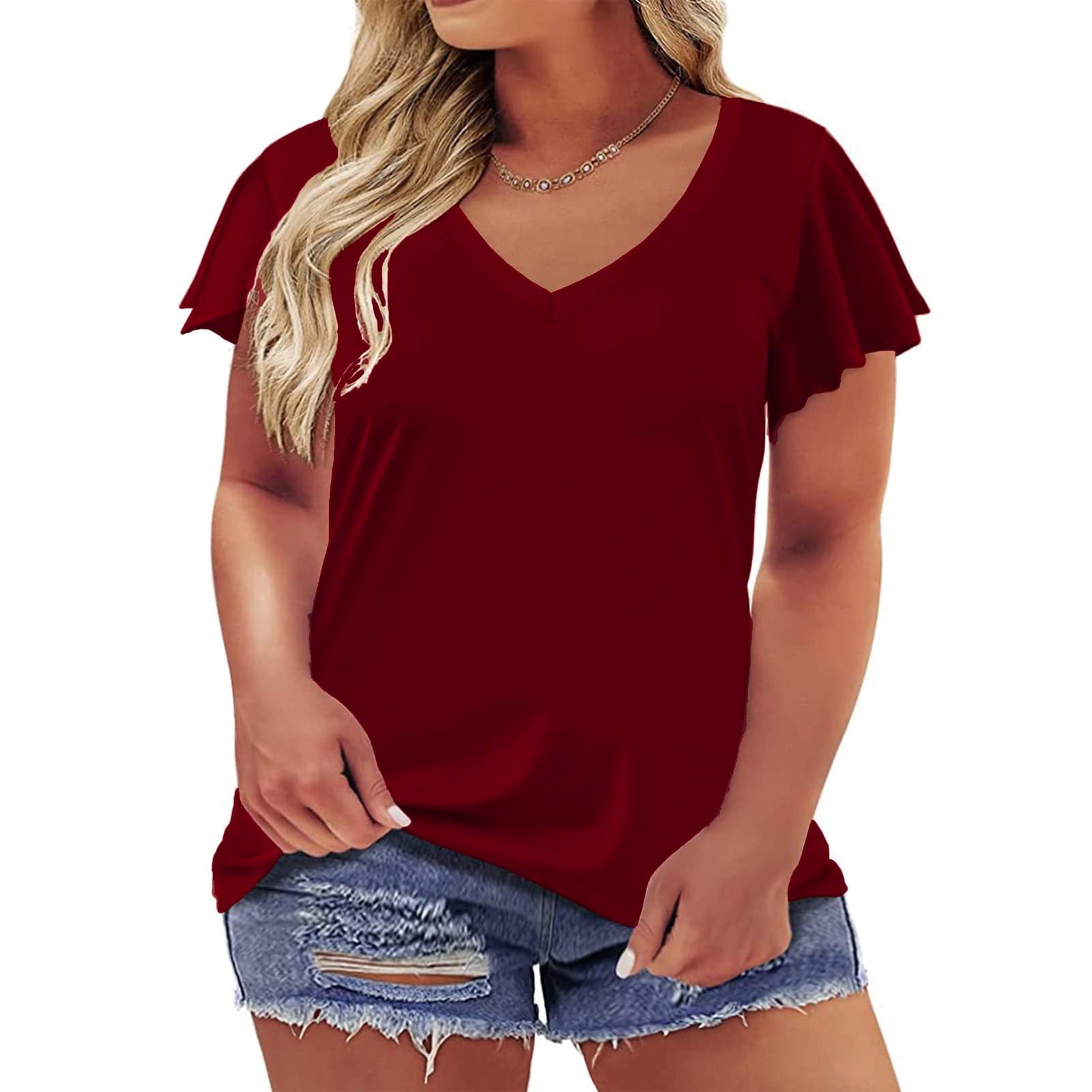 RQYYD Plus Size Tops for Women V Neck Summer Ruffle Short Sleeve T Shirts  Casual Solid Loose Fit Swing Flowy Hem Tunic Blouses(Red,3XL) 