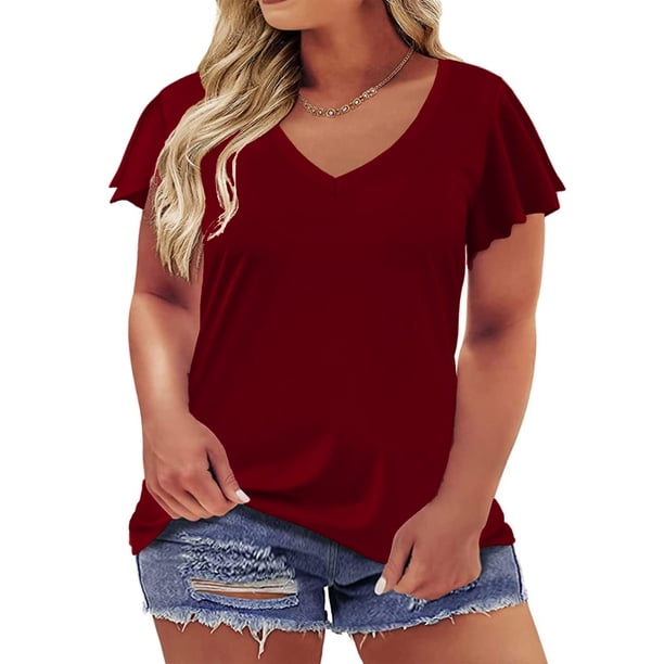 Fiudx Camisas para Mujer Blusas Lisas con Volantes de Talla Grande para Mujer, Camisetas de Verano con Cuello En V de Manga Corta