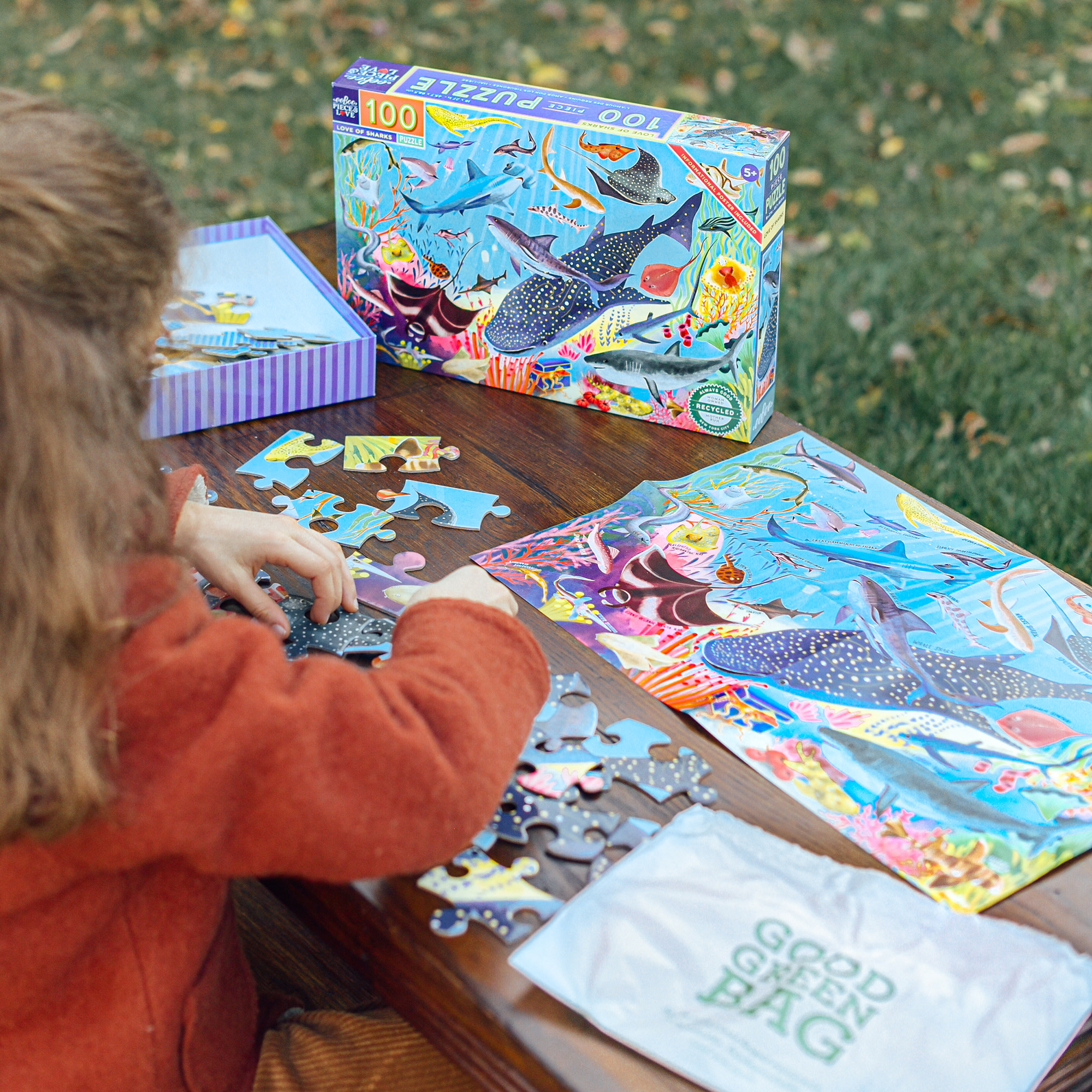 eeBoo Love of Sharks 100 Piece Puzzle with Poster for Kids, 27" x 18" once completed, 5 Years and Up.