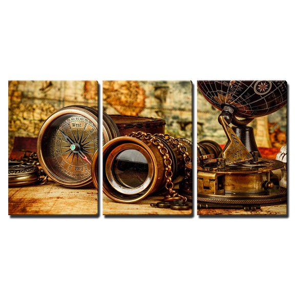 wall26-3 Piece Canvas Wall Art - Vintage Grunge Still Life. Vintage Items on Ancient Map. - Modern Home Art Stretched and Framed Ready to Hang - 24"x36"x3 Panels