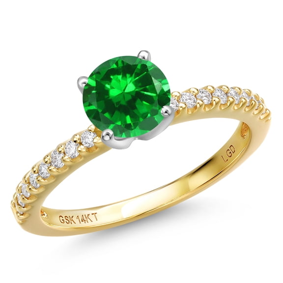 Gem Stone King 14K Two Tone Gold Green Created Emerald and Lab Grown Diamond Engagement Ring for Women | 1.00 Cttw | Round 5MM | Gemstone May Birthstone | Size 8