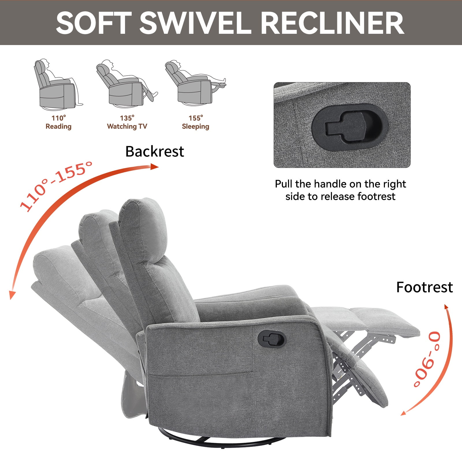 Bellemave Manual Recliner Chair with Massage and Heating Home Theater Recliner Rocking Chair Rocker Chair with High Back in Fabric for Living Room, Bedroom (Gray)