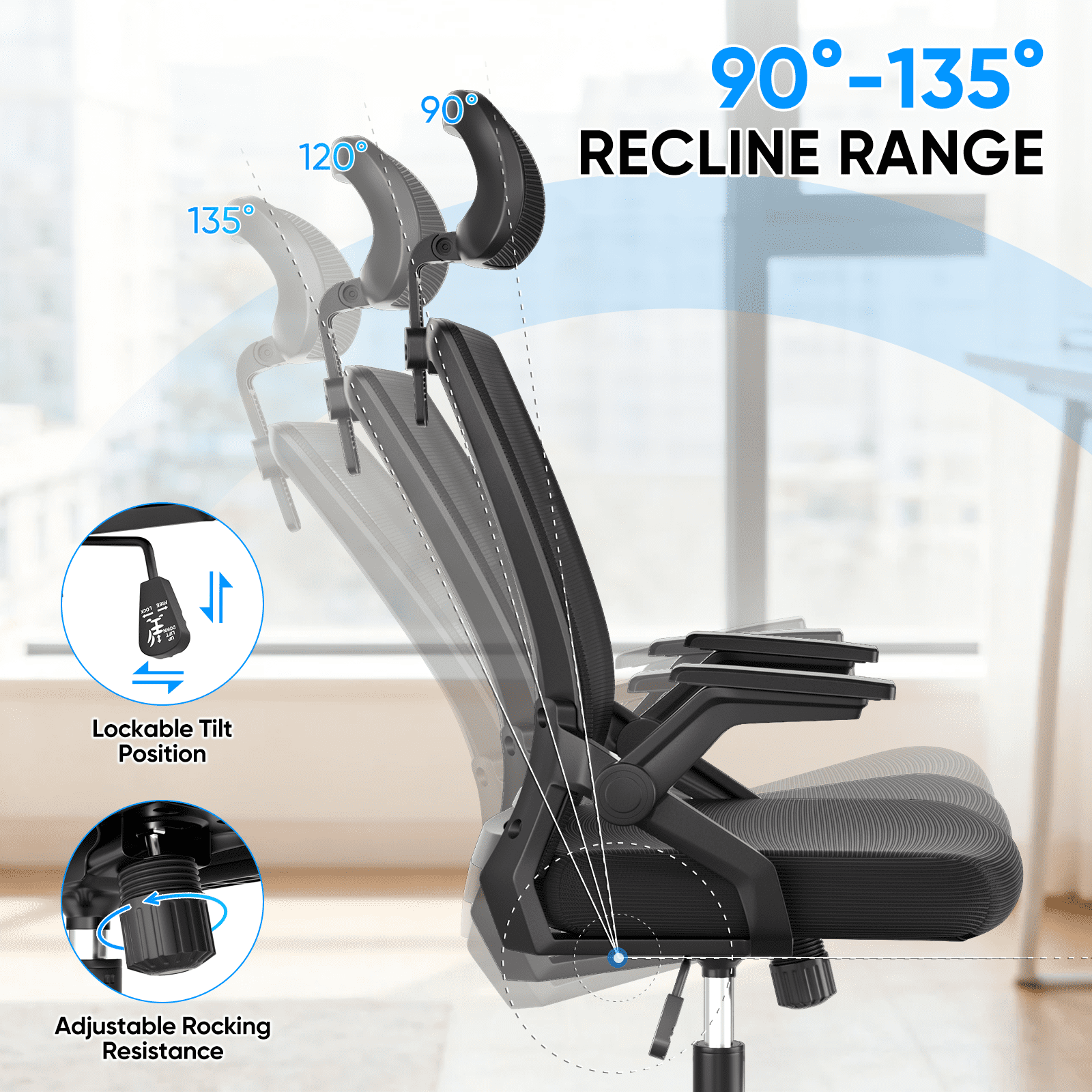 Monibloom Ergonomic Office Chair with Headrest, Flip-Up Adjustable Armrest, 135° Reclining Tilt Lock, Thick Cushion Mesh Back, Home Desk Chair