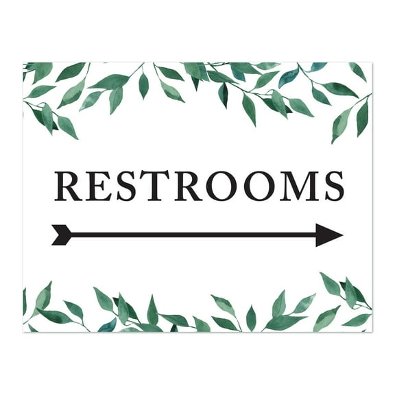 Koyal Wholesale Wedding Party Directional Signs, Natural Greenery, Double-Sided, Restrooms with Big Arrow, 1-Pack