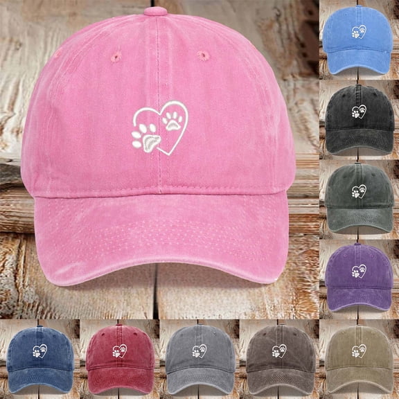 Womens Washed Baseball Cap with Heart Dog Paw Print Casual Outdoor Sun Hat Adjustable Curved Brim Cap Grey