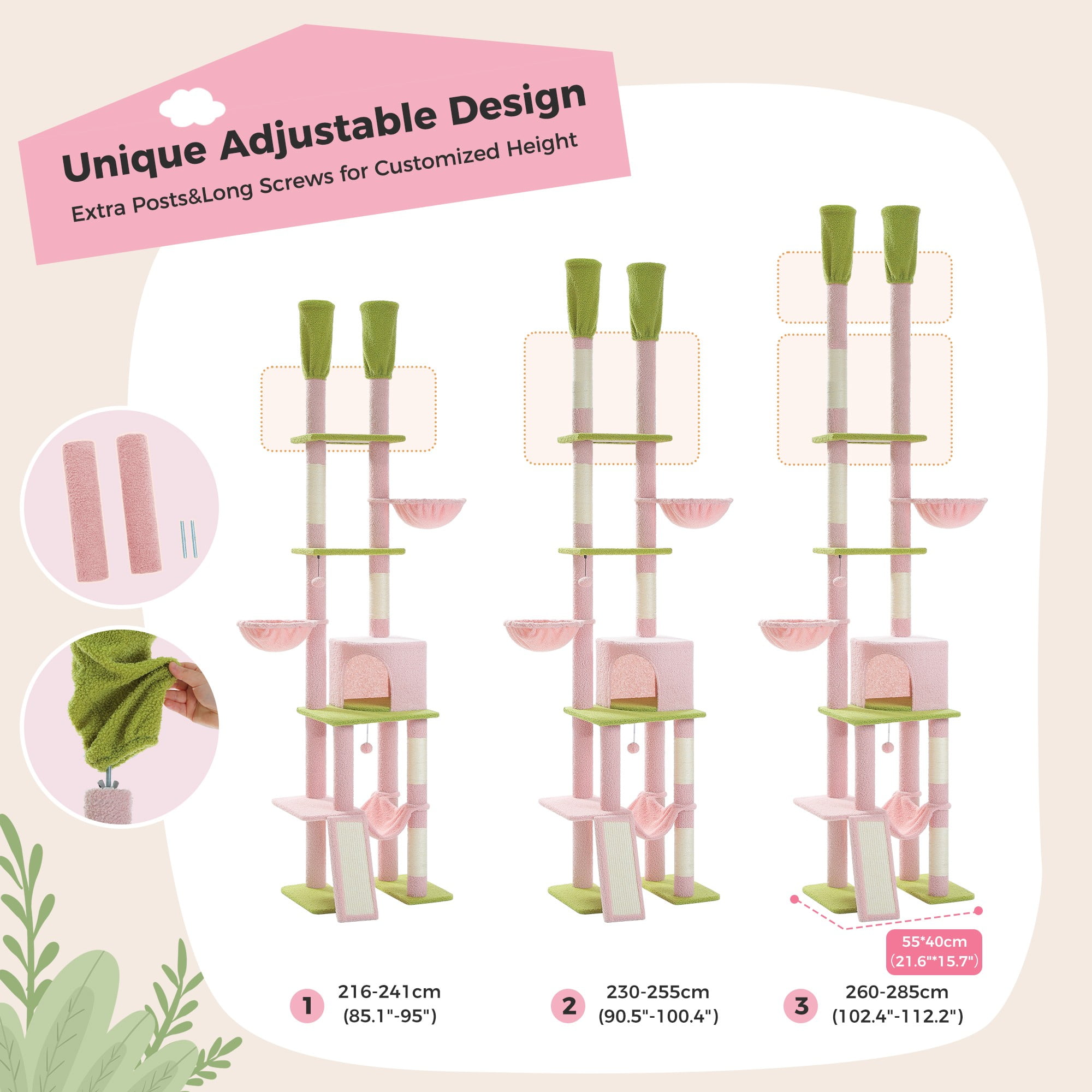 resenkos Adjustable Height (85"-112") Cat Tree Tower for Indoor Cats, Floor to Ceiling with 7 Tiers Cat Climbing Activity Center, Hammocks, 5 Platforms, Pink