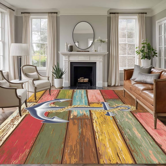 Large Area Rugs for Living Room Bedroom, Nautical Anchor 5'x8' Rug Washable Carpet Runner Indoor Outdoor, Country Vintage Colorful Wooden Plank Non Slip Floor Mats Rug for Kitchen, Bathroom