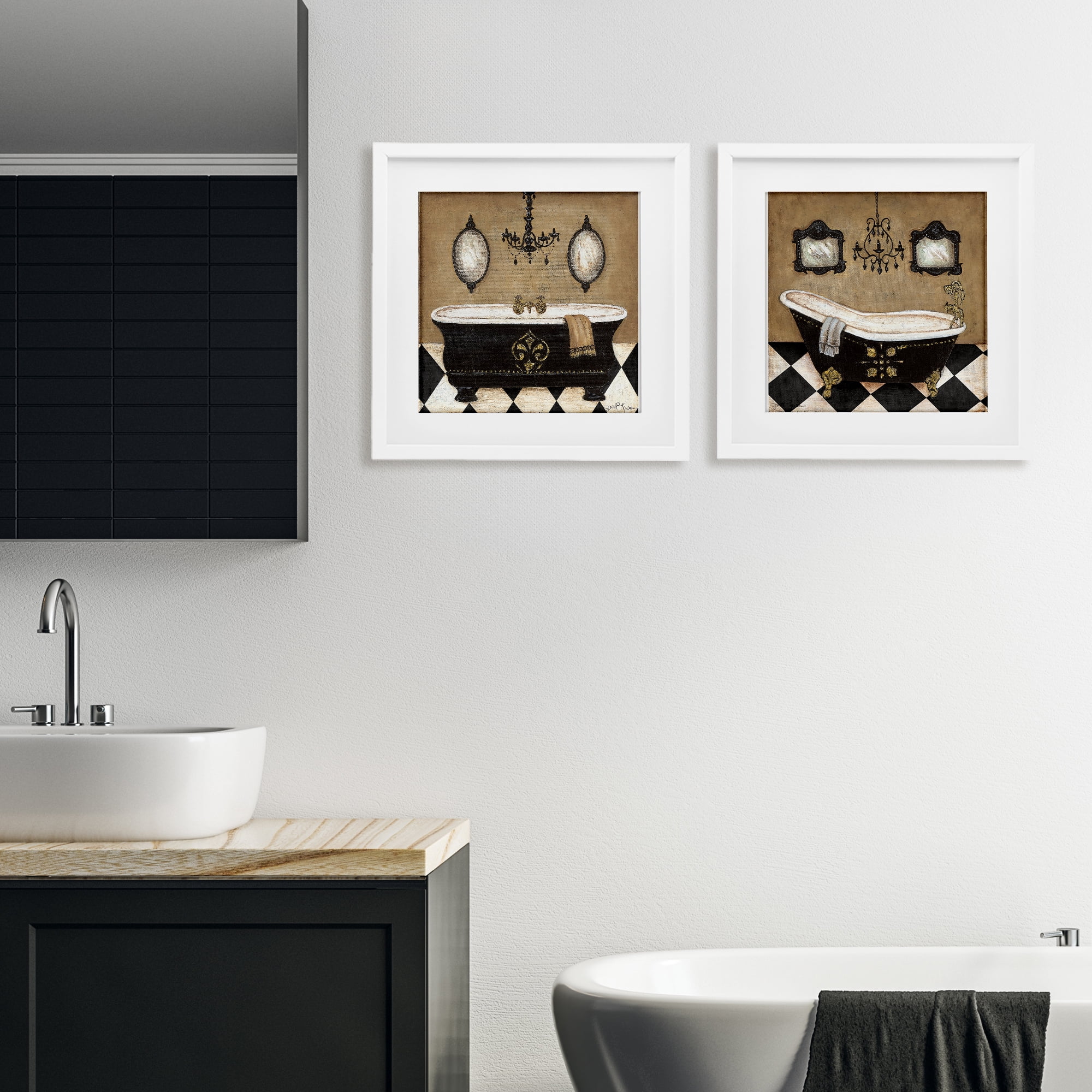 Stupell Industries Elegant Bathroom with Chandeliers 2 Piece White Framed Print Under Glass Set, design by Janet Tava