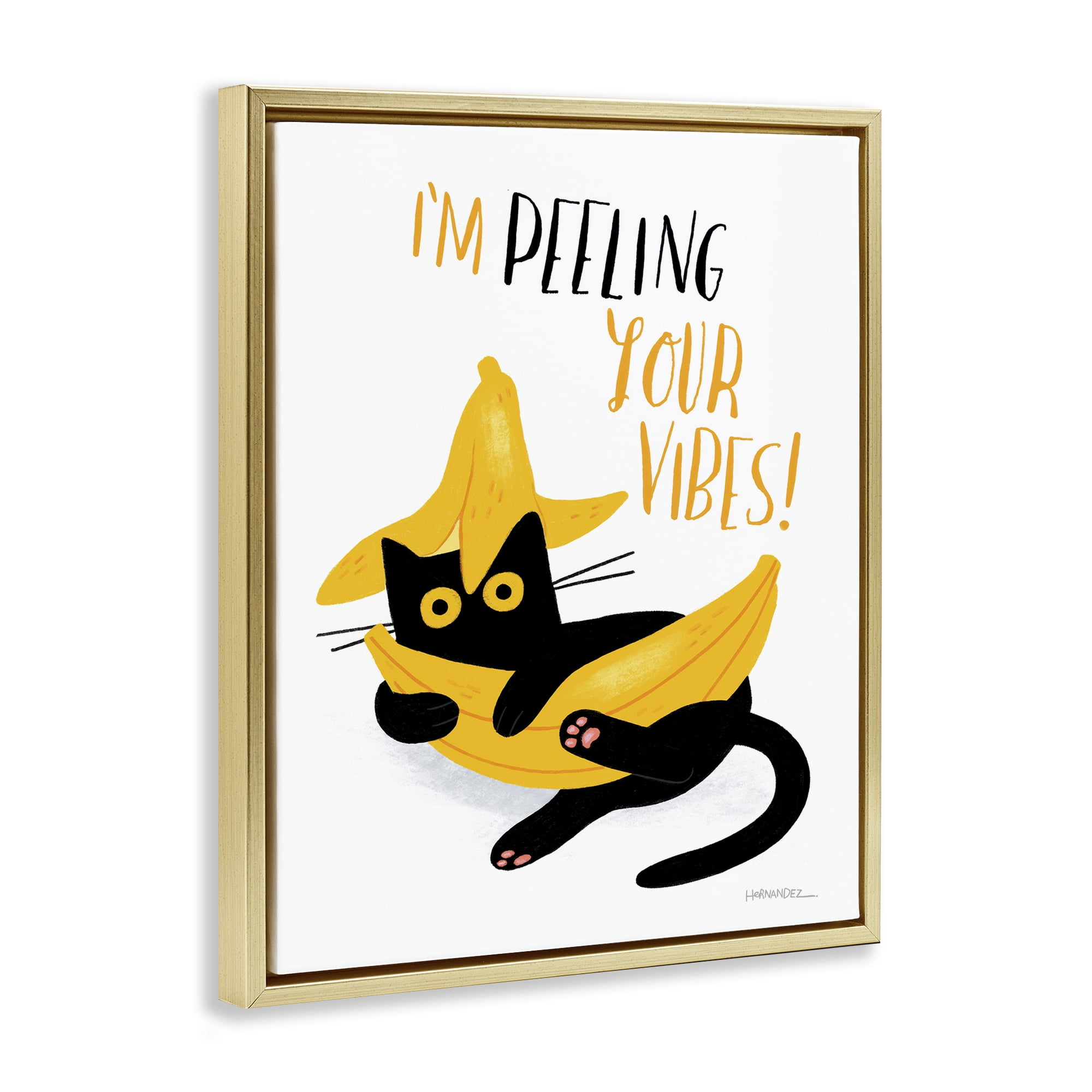 Stupell Industries Peeling Your Vibes Cat Animals Painting Gold Floater Framed Canvas Art Print Wall Art, 17 x 21