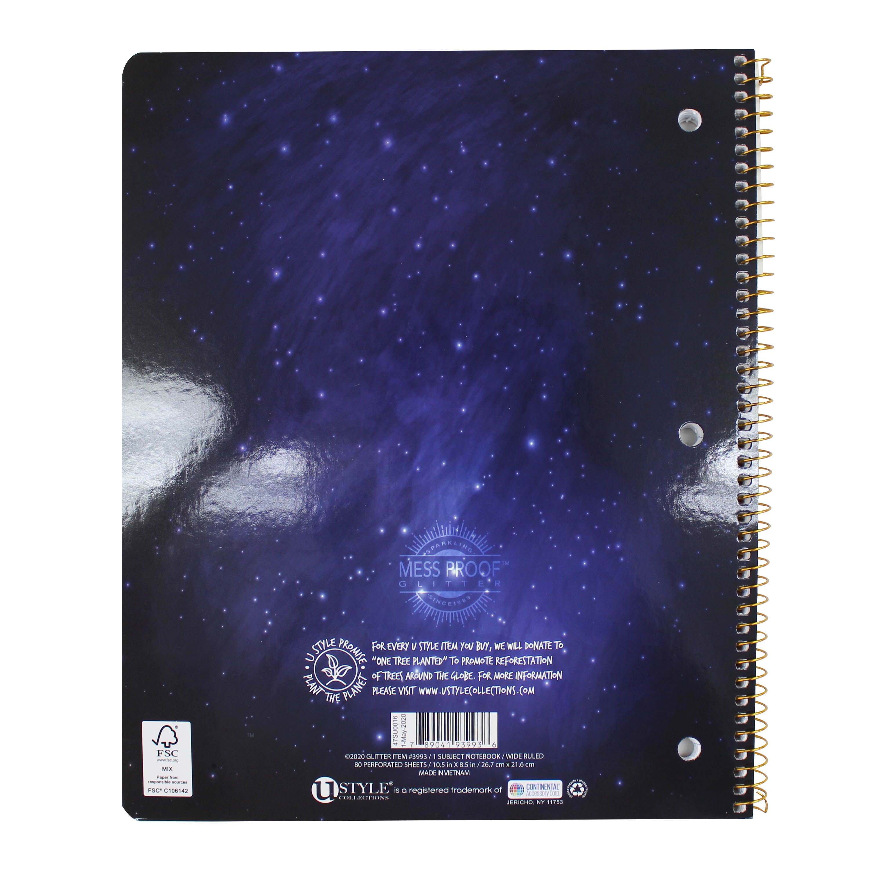 U-Style Glitter 1 Subject Notebook, Wide Rule, 80 Sheets