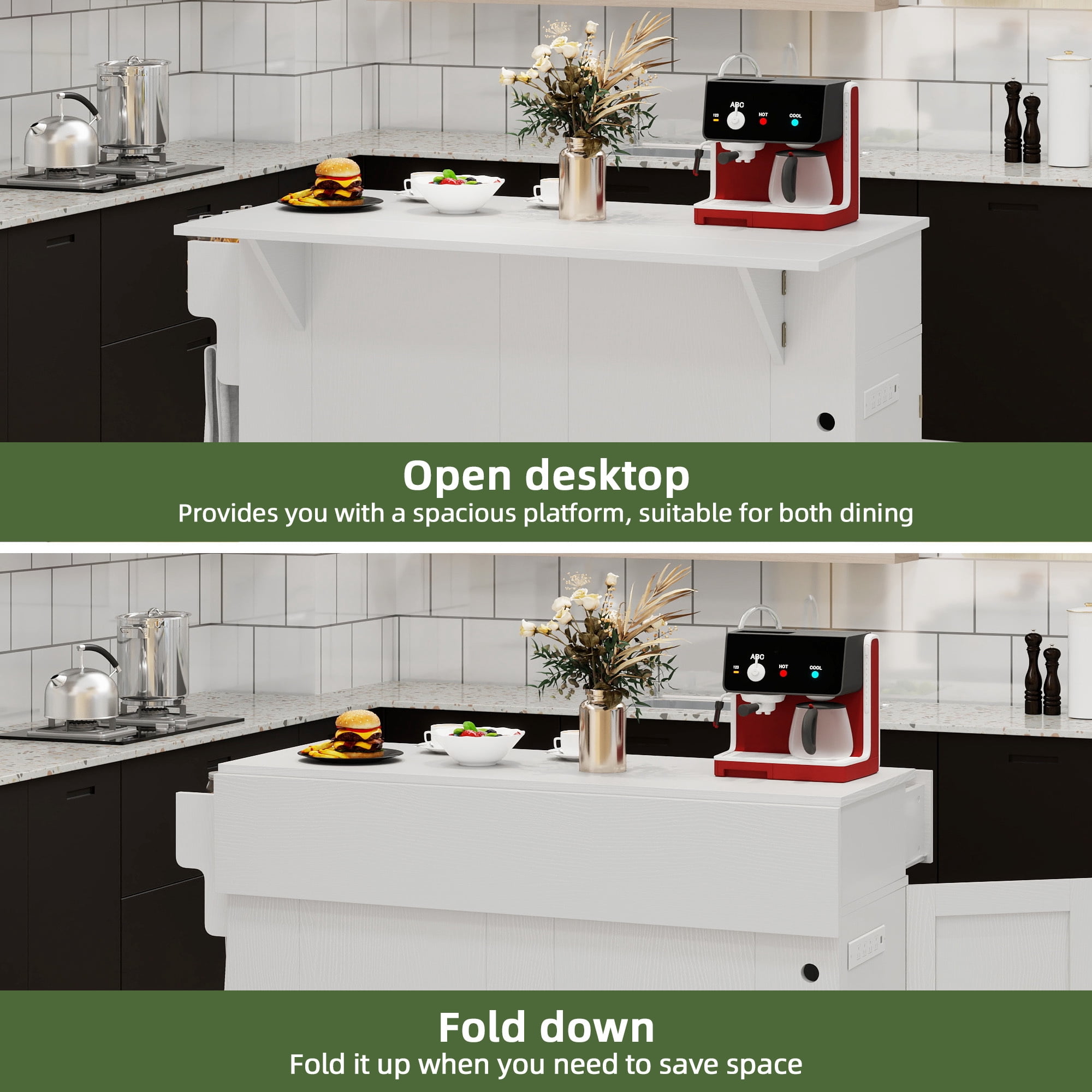 Uforic Kitchen Island with Power Outlets & Drop Leaf, Kitchen Cart with Trash Storage, White