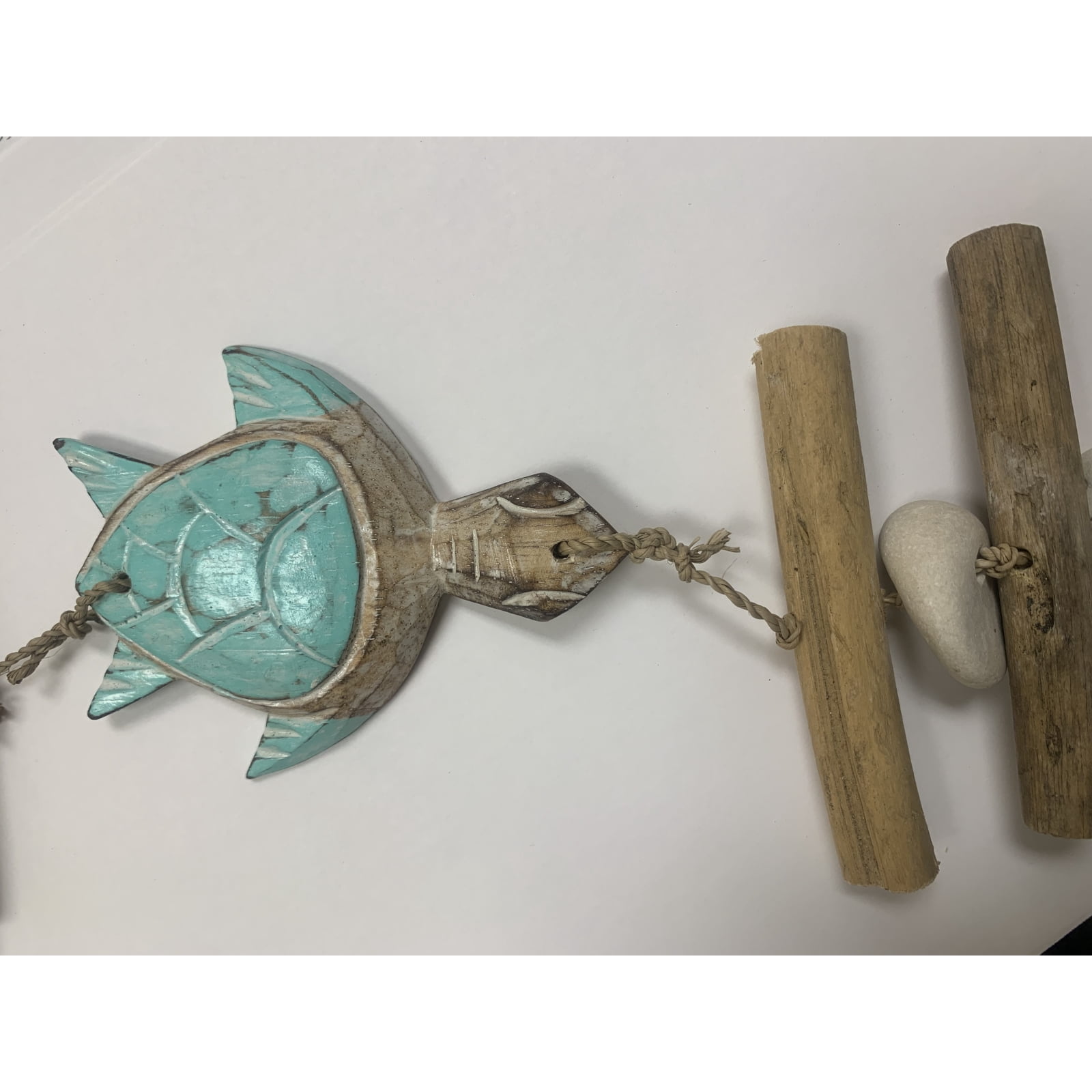 Wooden Aqua Three Turtle Strand With Driftwood and Stone Mobile