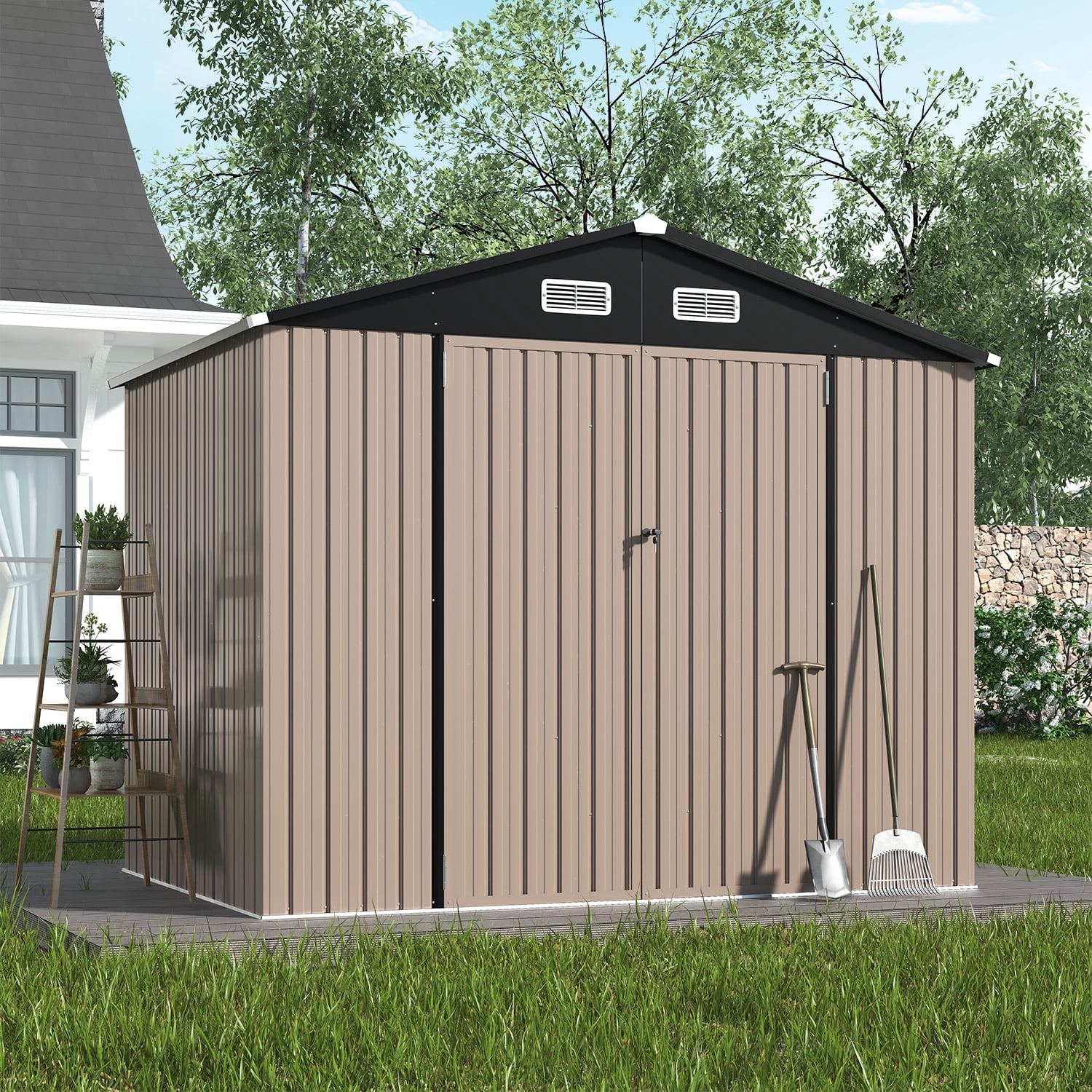 Clouddwell 8 x 6 ft Storage Shed with Floor (15mm) & Double Doors - Galvanized Steel, Brown