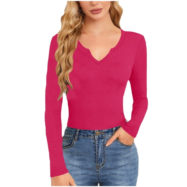 Timegard Going out Tops for Women Long Sleeve V Neck T Shirts Causal Solid Color Slim Fitted Basic Blouses