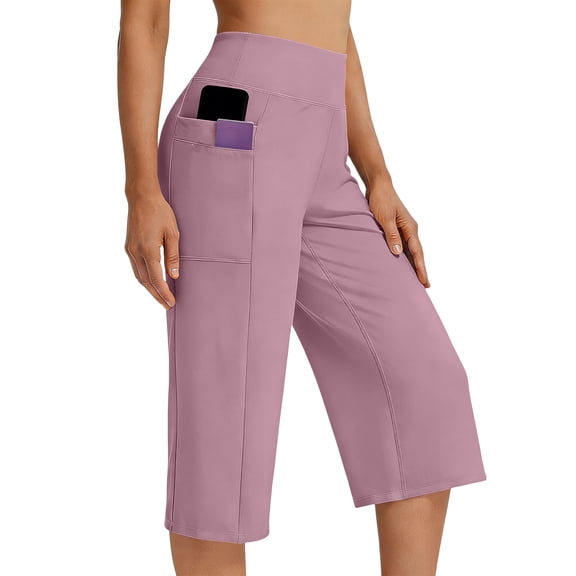 MLQIDK Pedal Pushers for Women Yoga Capri Pants Dressy Casual Elastic Waist Knee Length Ladies Leggings Trendy Summer Yoga Capri Pants with Pockets Light pink XL
