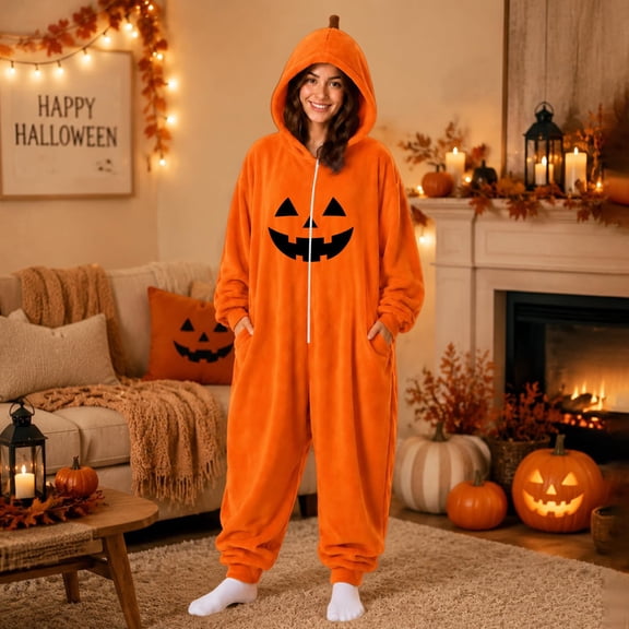 LIZUOJUN Under $15 Women Halloween Onesie Pajamas Hooded Zip Up Footie Pumpkin Print Soft Fabric Cosplay Costume For Holiday Parties Cozy Nights Sleepover Orange Flannel, L