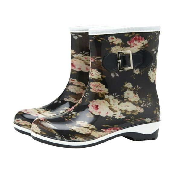 Xfvqtps Rain Boots for Women Mid Calf Chunky Mid Heels Buckle Decoration Flower Print Garden Boots Waterproof Non Slip Rubber Sole Outdoor Work Rain Shoes Black