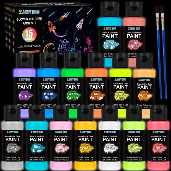 Set de pintura Glow in The Dark X ARTY HUB, 15 colores, 60 ml, con pinceles