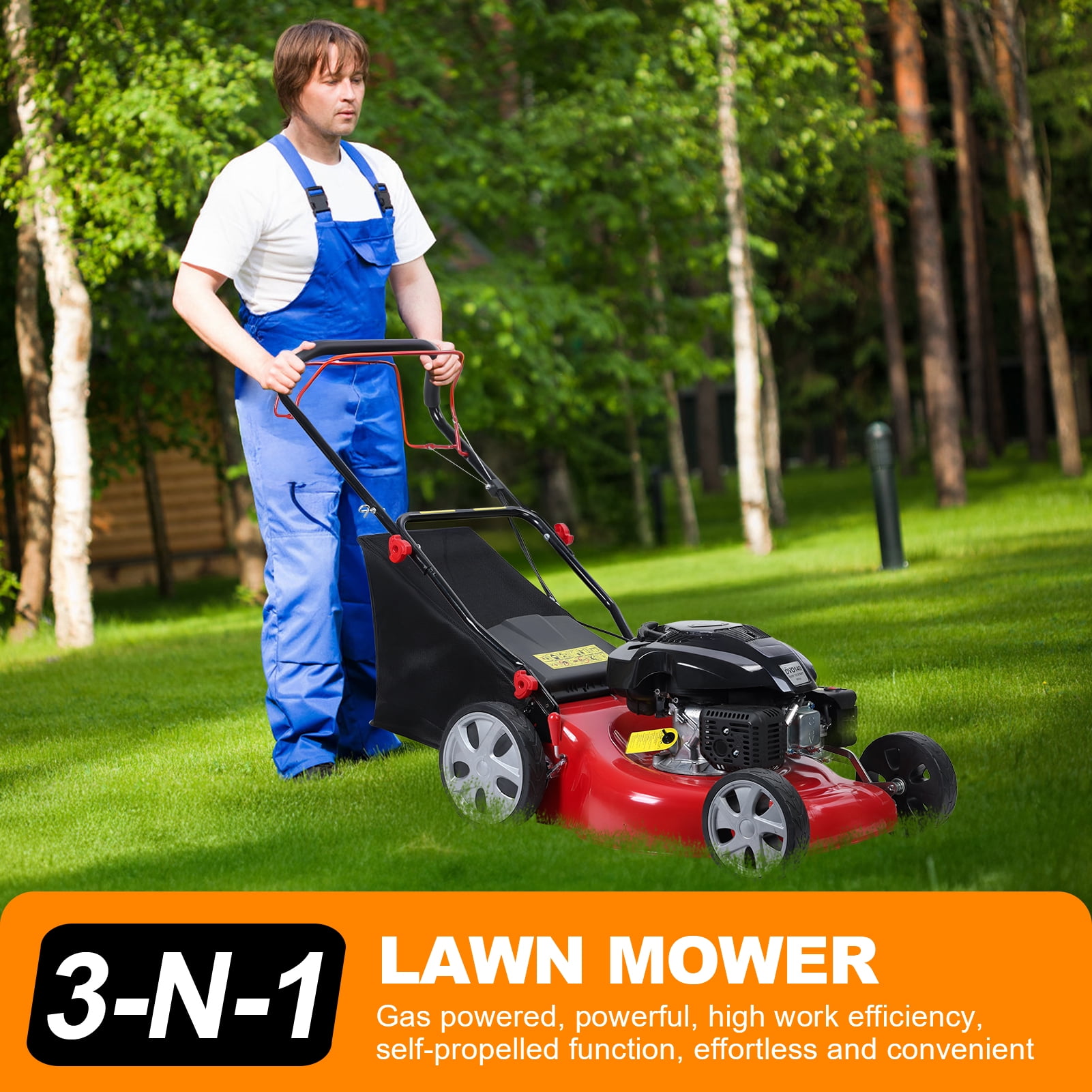 Thehsnt Lawn Mower, Self Propelled Lawn Mower, 141cc Gas Engine Lawn Mower, Push Lawn Mower with 50L Grass Tank, Big Wheels