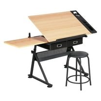 Height Adjustable Drafting Table Drawing Table Artist Desk Tilting Art Desk Watercolor Paintings Sketching Work Station w/2 Storage Drawers and Stool for Home Office