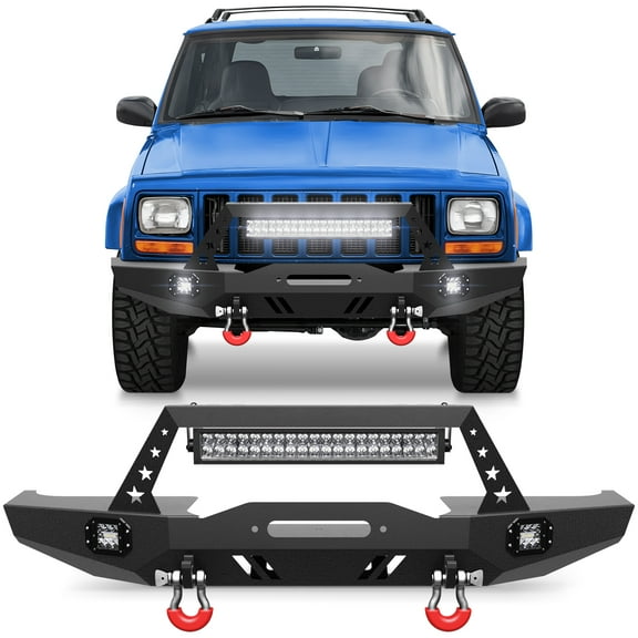 POFENZE For Jeep XJ Front Bumper Compatible with 1984-2001 Jeep Cherokee XJ with Winch Plate and Lights