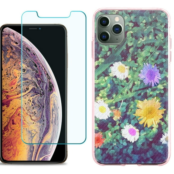 For Apple iPhone 11 Pro Max Case , Slim-Fit TPU Protective Phone Case (Pink Bezel) with Tempered Glass Screen Protector, by OneToughShield ® - Daisy Paint