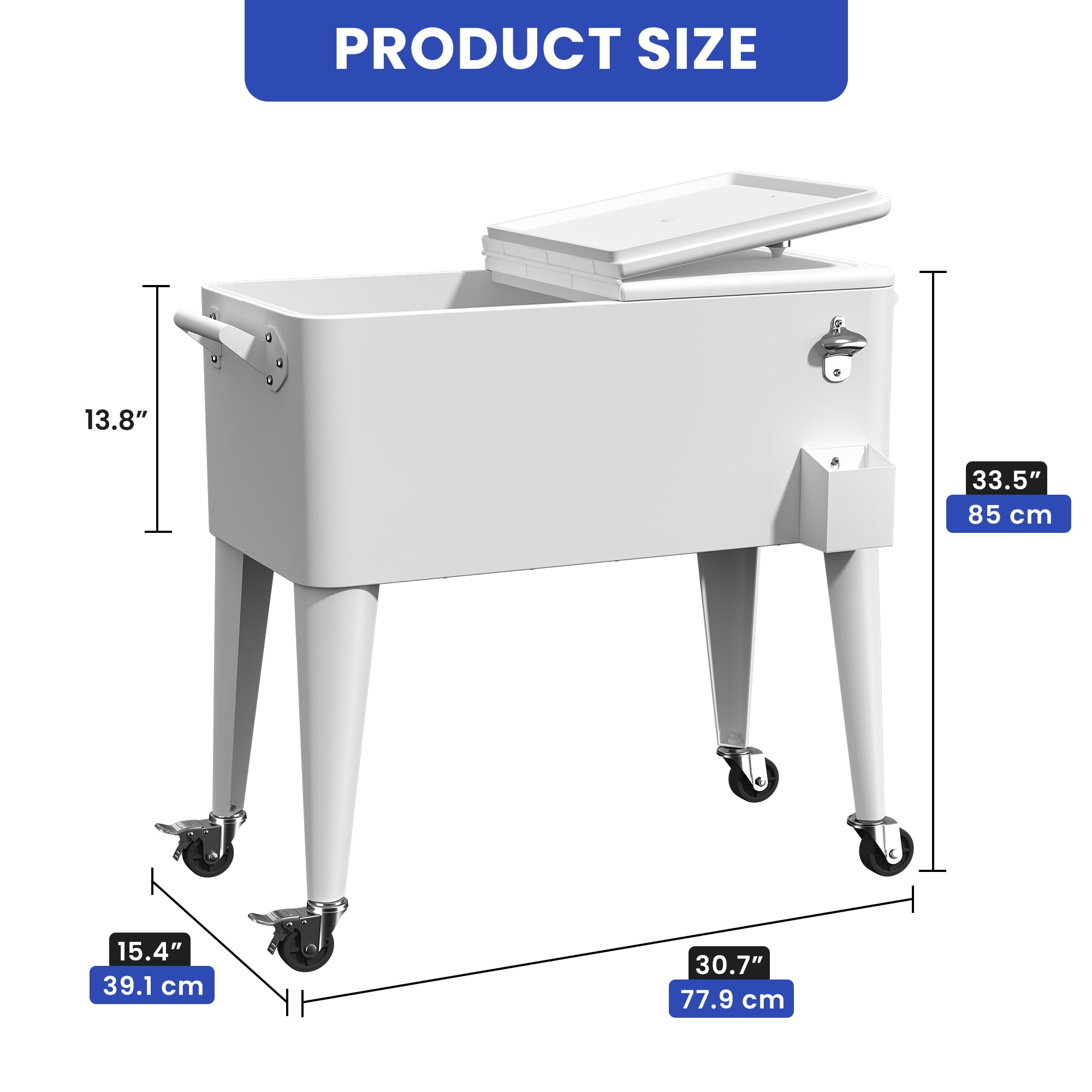 Uforic 80 Quart Rolling Ice Chest Cooler Cart,Outdoor Portable Beverage Cart with Bottle Opener & Drain, White