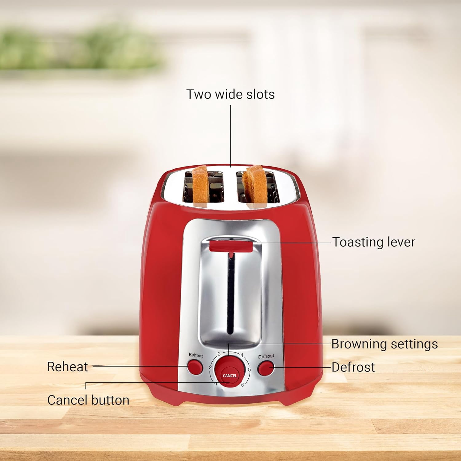 Aiwa 2-Slice Toaster with Wide Slots, 6 Browning Settings, and Crumb Tray, Red