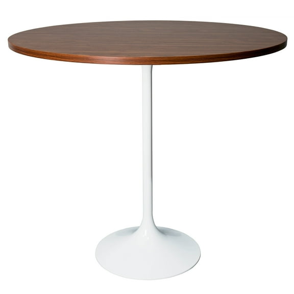 LeisureMod 48" Round Bar Height Dining Table with MDF Top Pub Table and White Stainless Steel Pedestal Base for Modern Kitchen and Dining Room Verve Collection in Cognac Brown